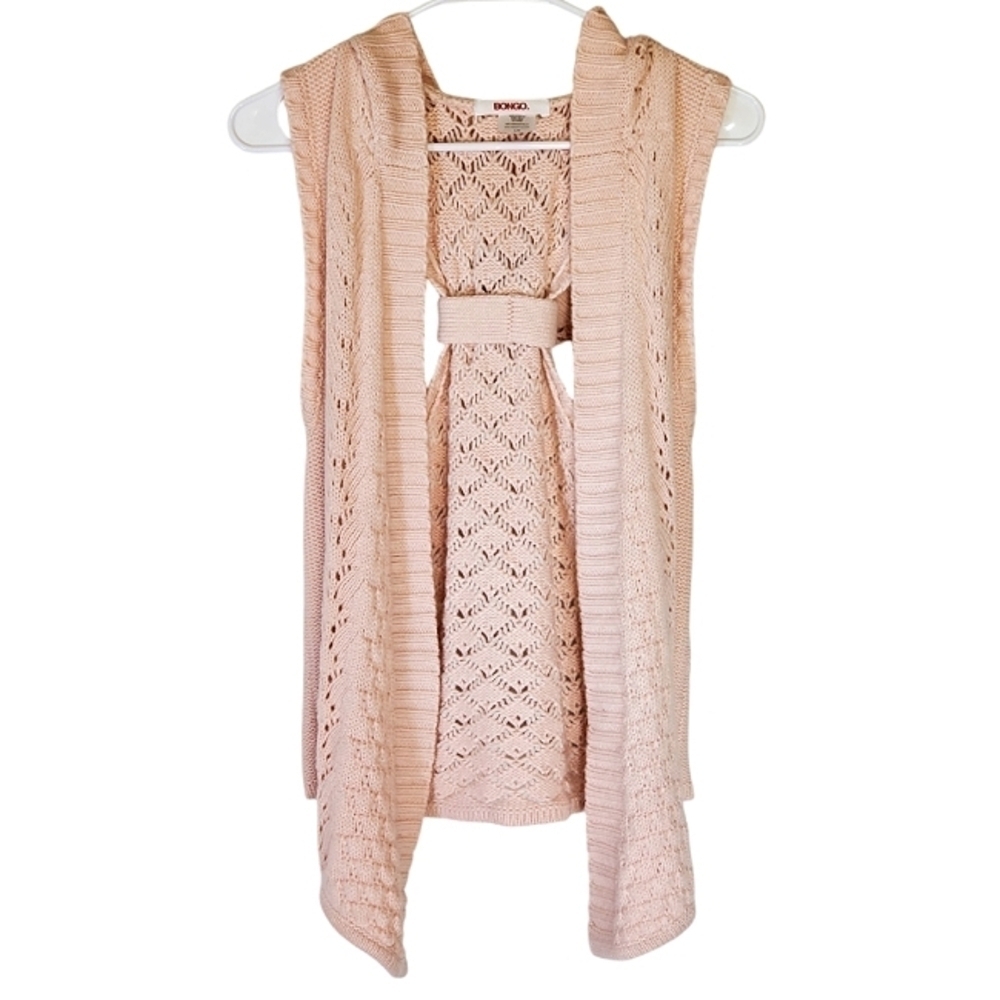 7156 * Bongo Sleeveless Hooded Open Knit Cardigan Pink Size L